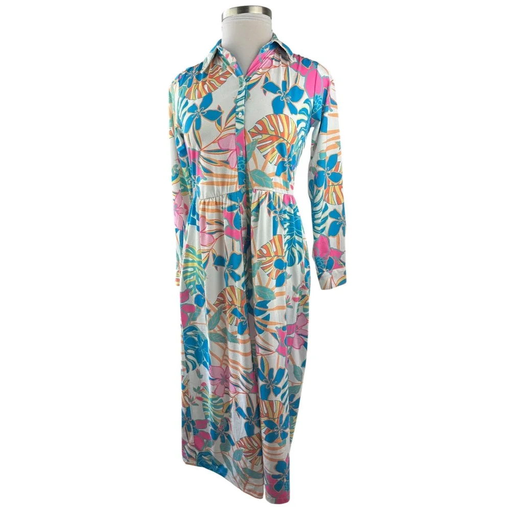 Tolani Long Sleeve Collared Maxi Dress W/ Pockets Tropical Print XS Oversized - Picture 14 of 14